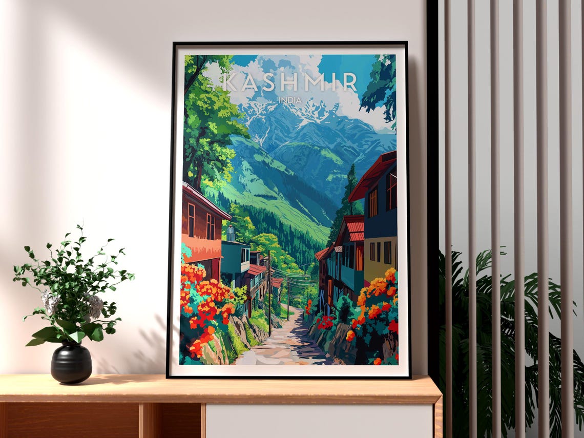 Kashmir India Himalayan Village Street Flowering Hillside Poster