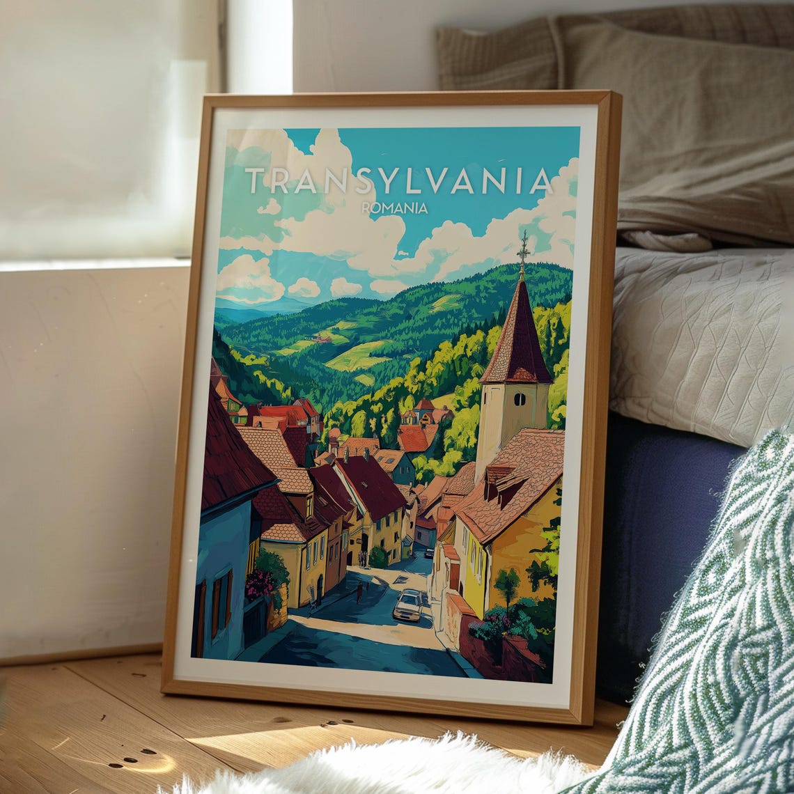 Transylvania Romania Village Church Carpathian Hills Travel Poster - Image 3