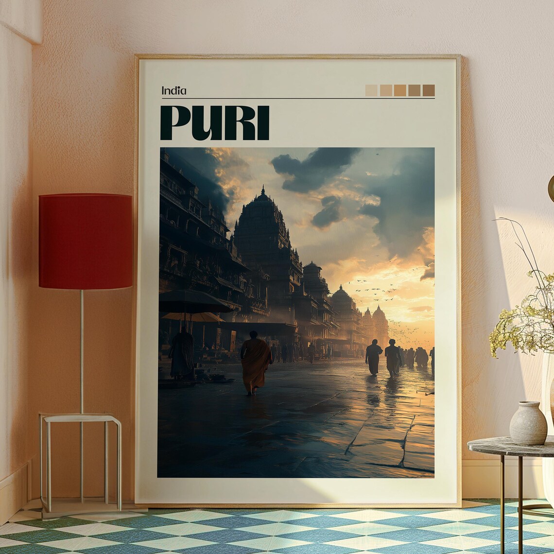 Puri India Temple Street Silhouettes Sunset Retro Travel Poster - Image 2