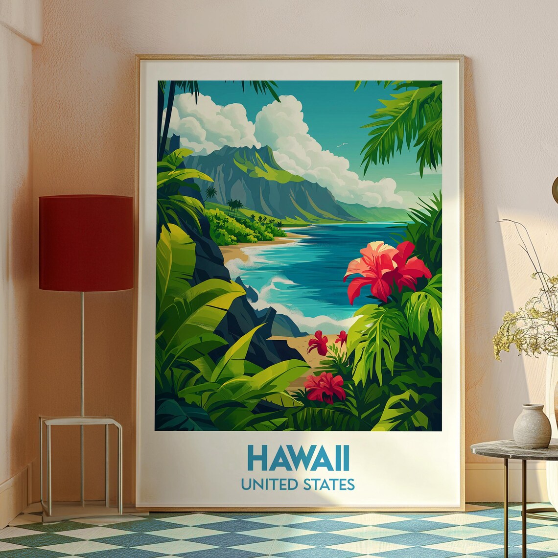Hawaii Tropical Coastline Hibiscus Flowers Ocean View Travel Poster - Image 2