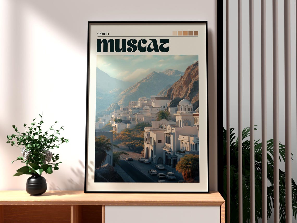 Muscat Oman White City Cliffs Harbor Gulf View Travel Poster