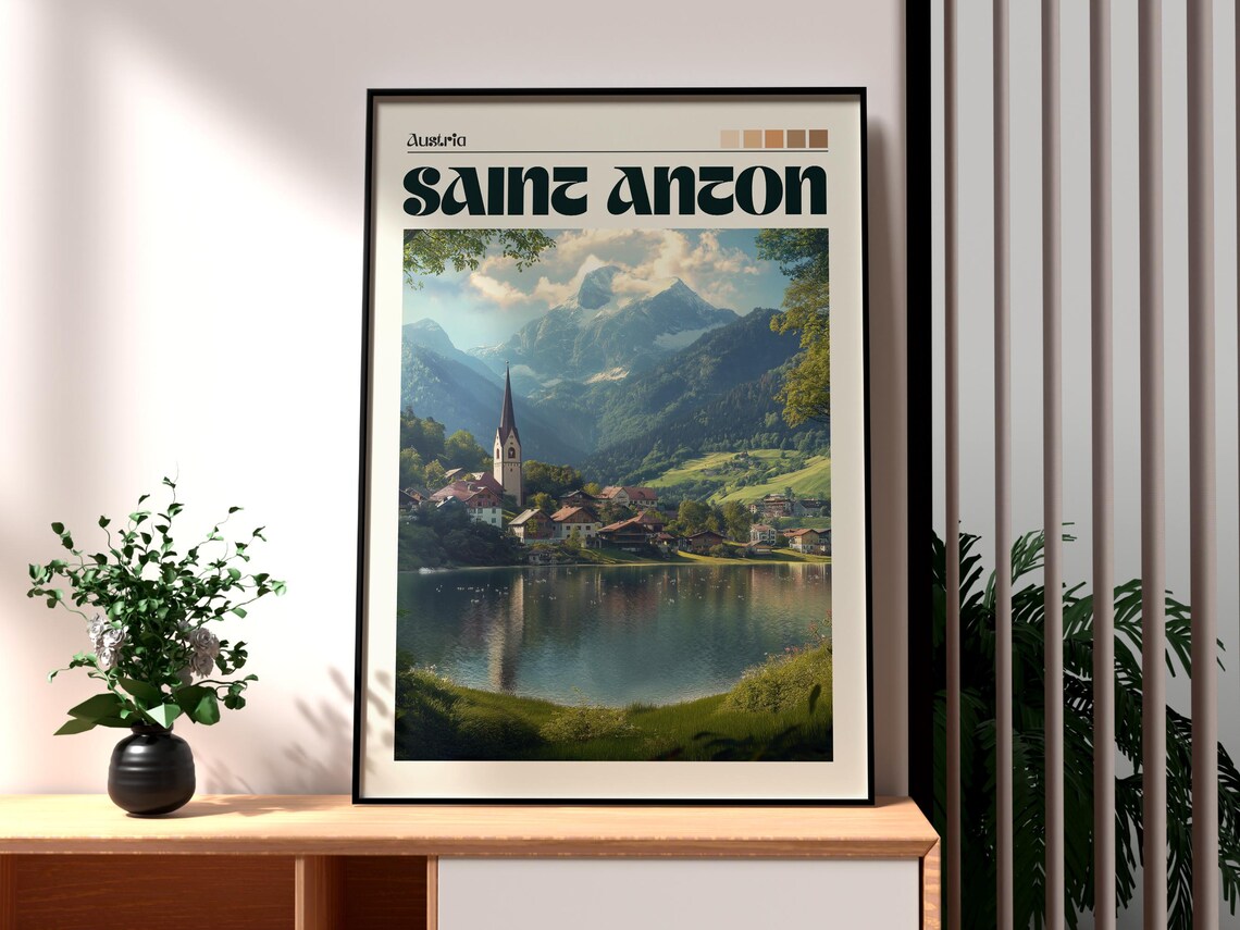 Saint Anton Austria Lakeside Church Alpine Village Vintage Travel Poster