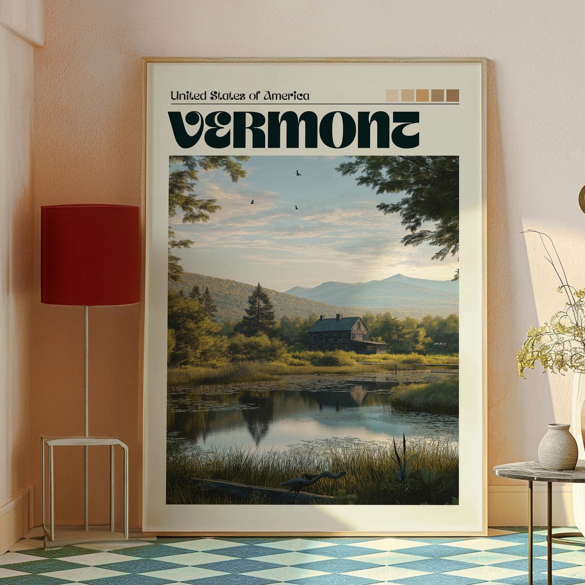 Vermont USA Mountain Lake Cabin Green Hills Serene View Art Poster - Image 2
