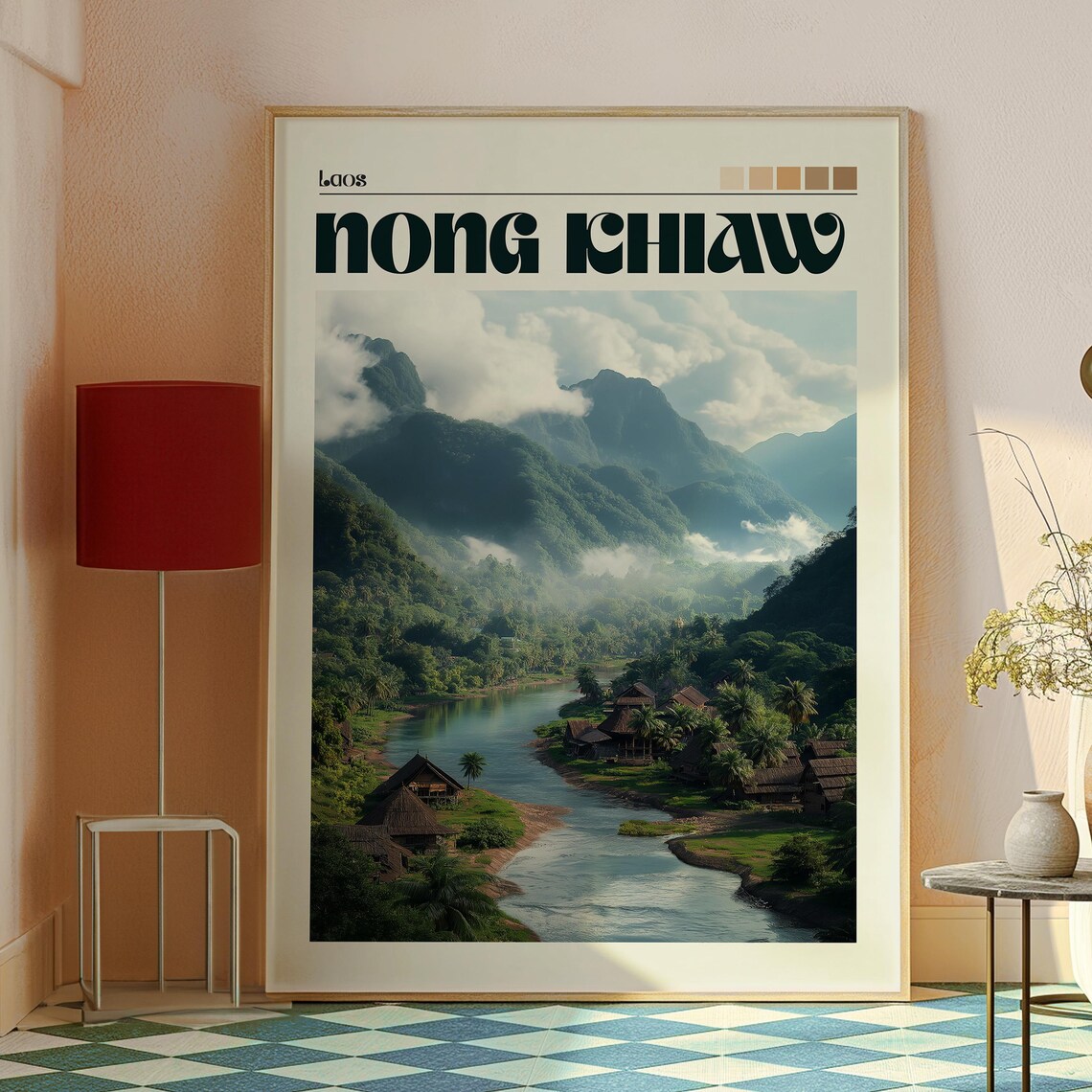 Nong Khiaw Laos Misty Mountain River Village Art Travel Poster - Image 2