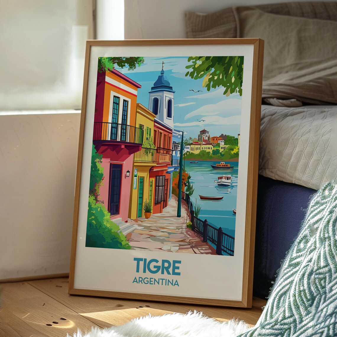 Tigre Argentina Colorful Riverfront Street Boats Travel Poster - Image 3