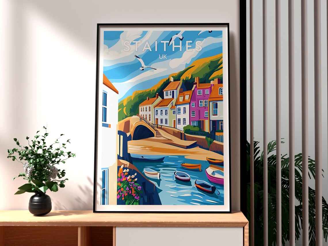 Staithes UK Yorkshire Fishing Village Harbor Boats Retro Poster