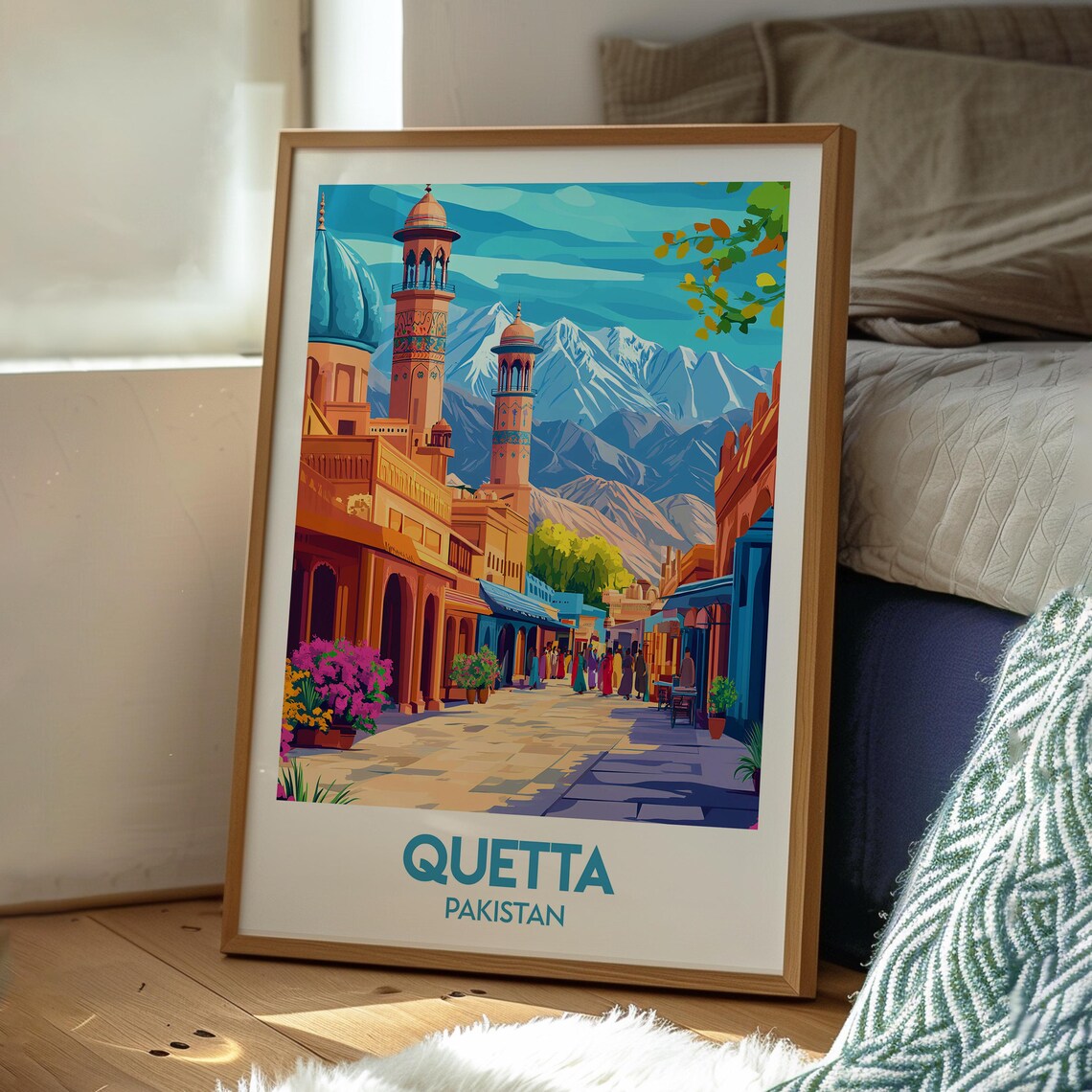 Quetta Pakistan Mosque Street Snowy Mountains Retro Travel Poster - Image 3