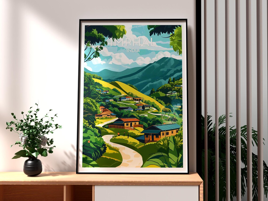 Imphal India Green Hills Village Houses Winding Road Travel Poster