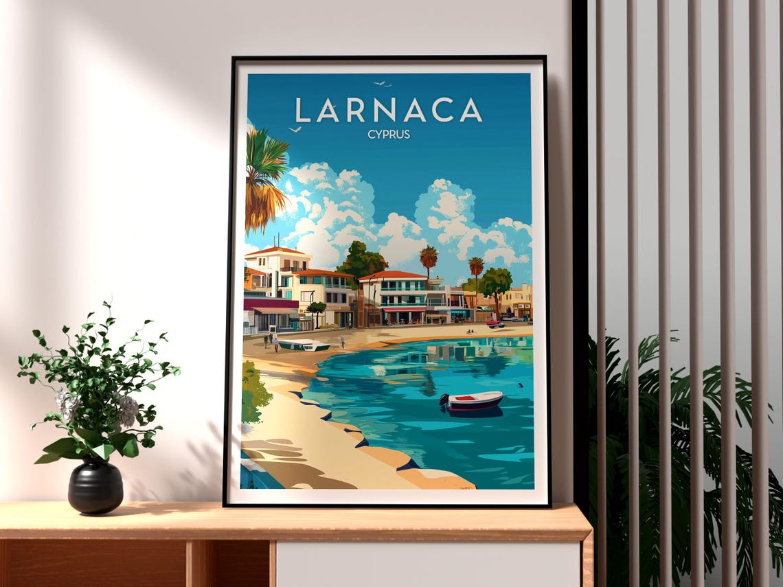 Larnaca Cyprus Beachfront Palm Trees Turquoise Sea Travel Poster