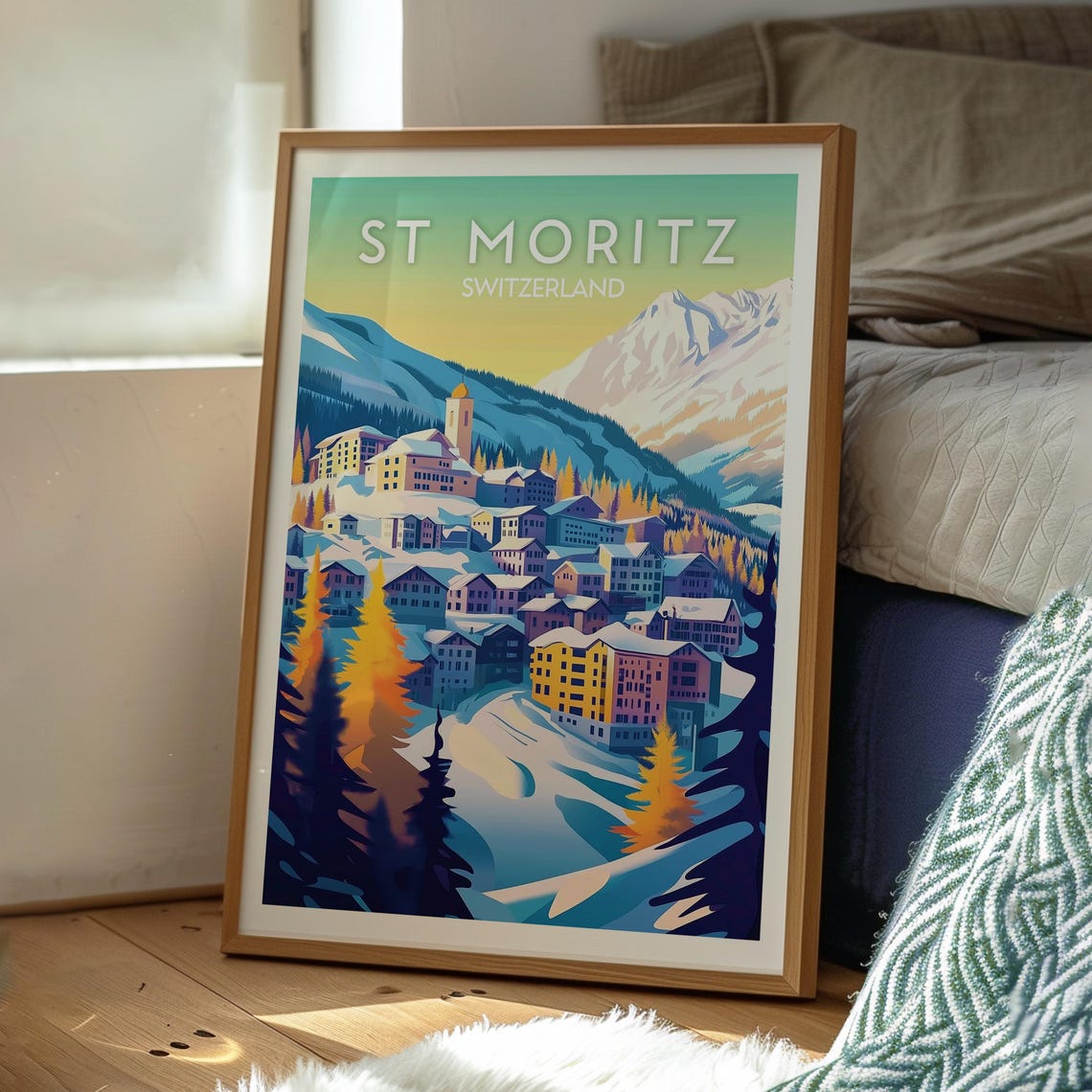St Moritz Switzerland Alpine Village Snow Glow Vintage Poster - Image 3