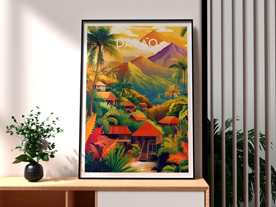 Davao Philippines Tropical Village Mountain Peaks Travel Poster
