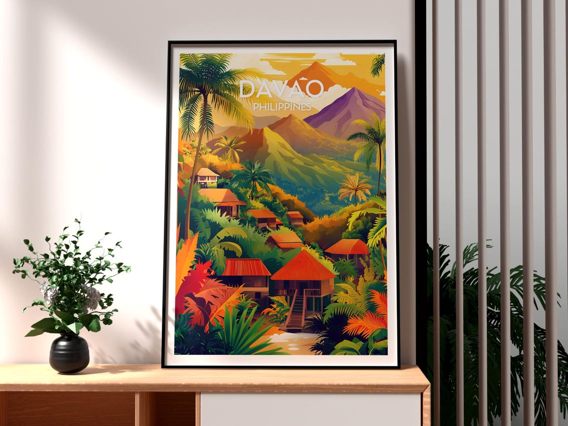 Davao Philippines Tropical Village Mountain Peaks Travel Poster