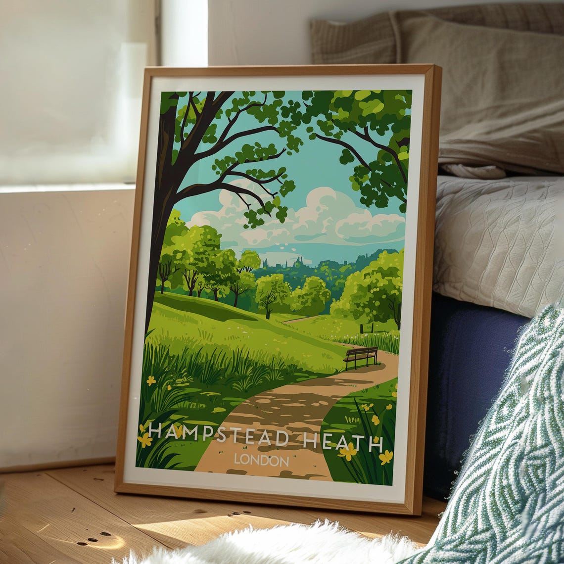 Hampstead Heath London Parkland Path Bench Daffodil Art Poster - Image 3