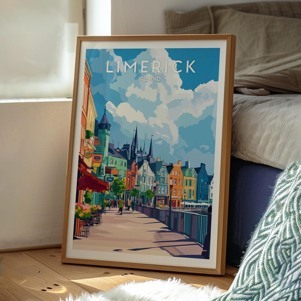 Limerick Ireland Colorful Riverside Street Pubs Church Spires Poster - Image 3