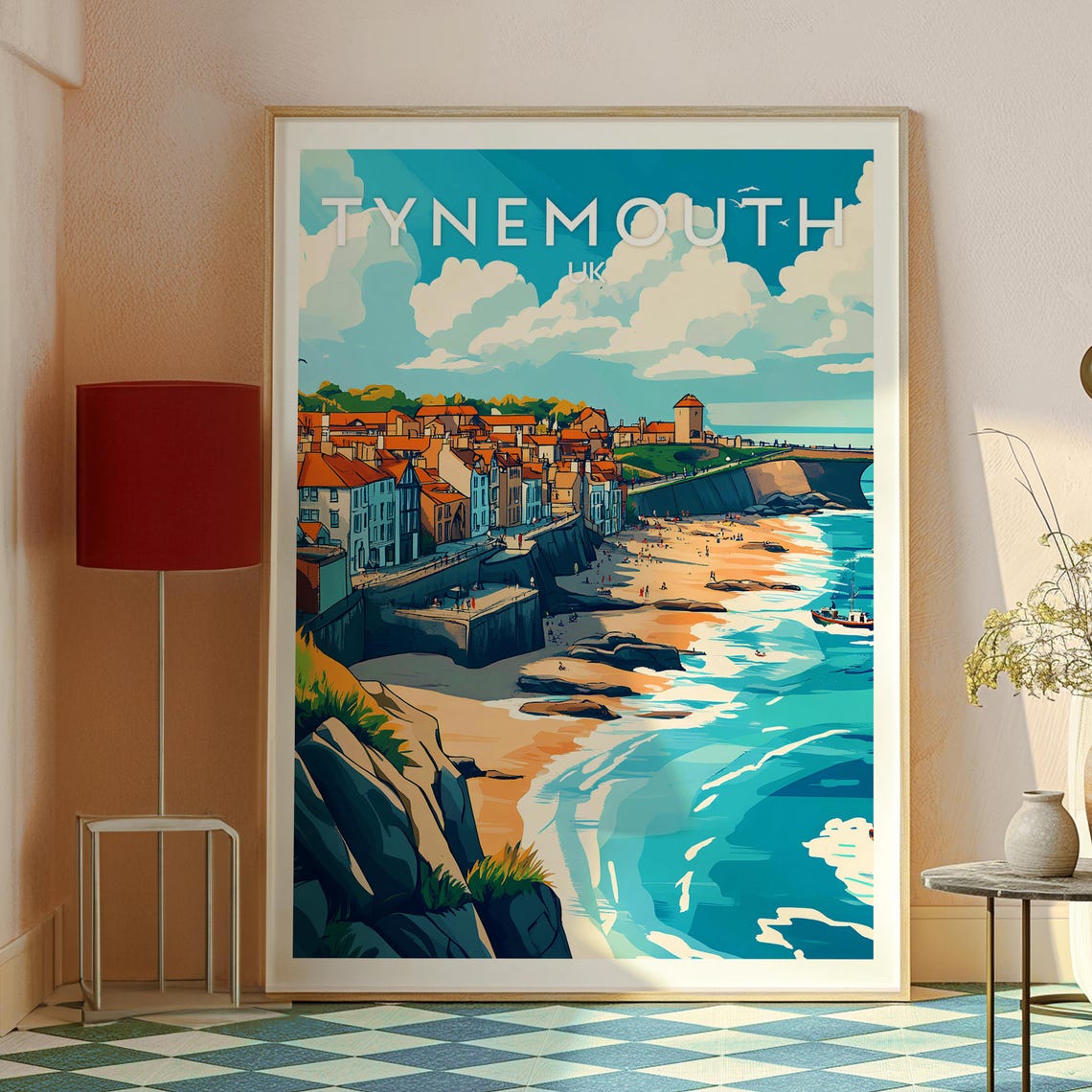 Tynemouth UK Coastal Town Beach Cliffs Harbor Scene Travel Poster - Image 2