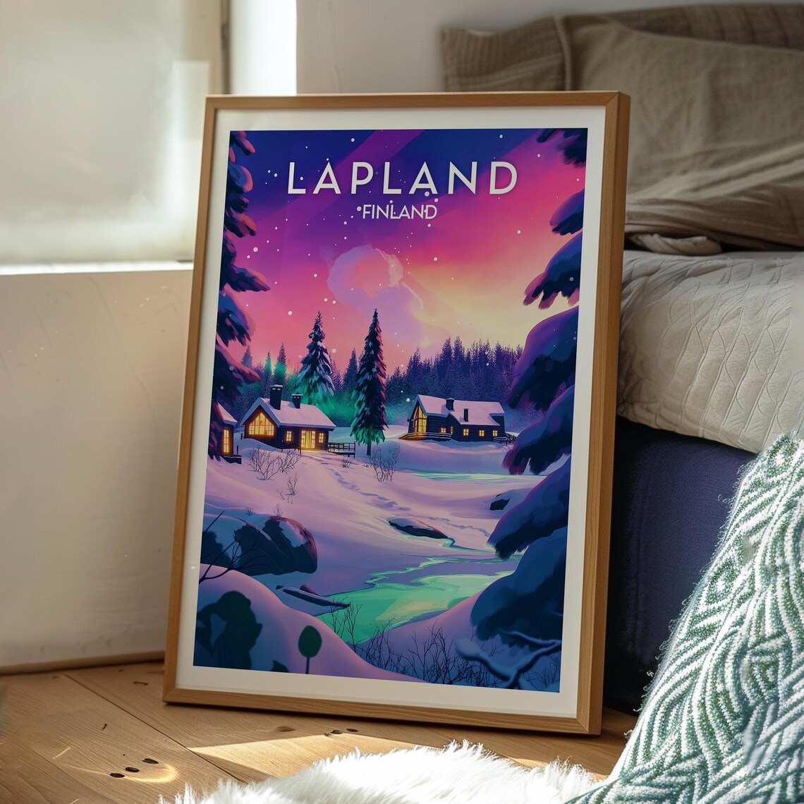 Lapland Finland Snowy Cabins Northern Lights Night Sky Travel Poster - Image 3