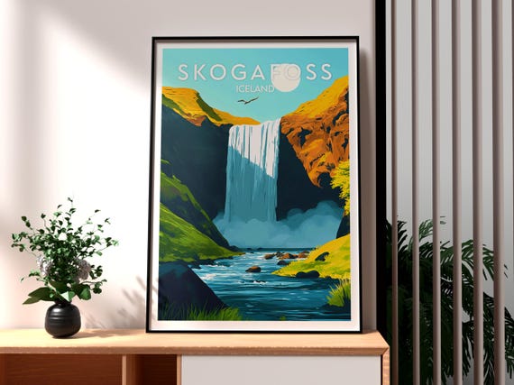 Skogafoss Iceland Travel Poster, Waterfall Wall Art