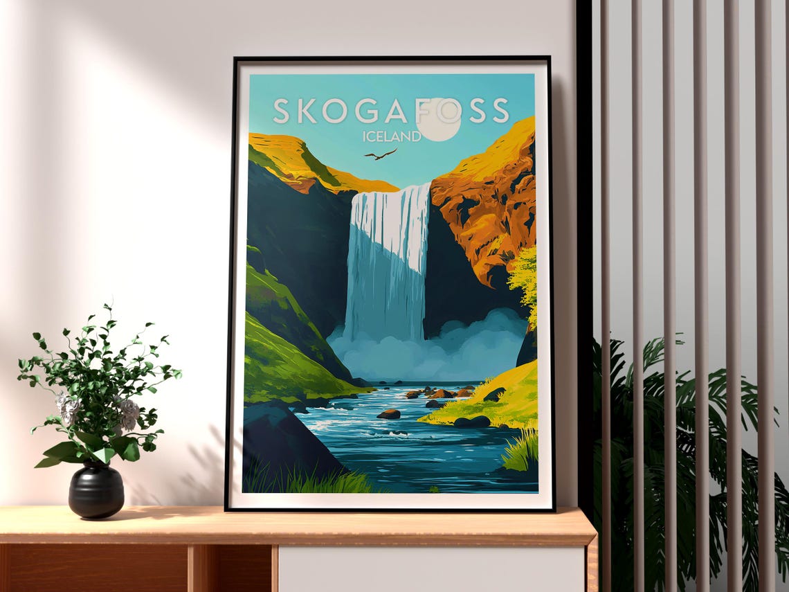 Skogafoss Iceland Travel Poster, Waterfall Wall Art