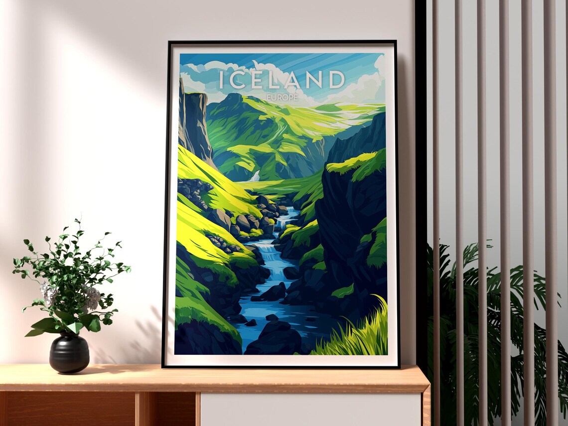 Iceland Europe Green Gorge Waterfall Stream Vintage Poster Style