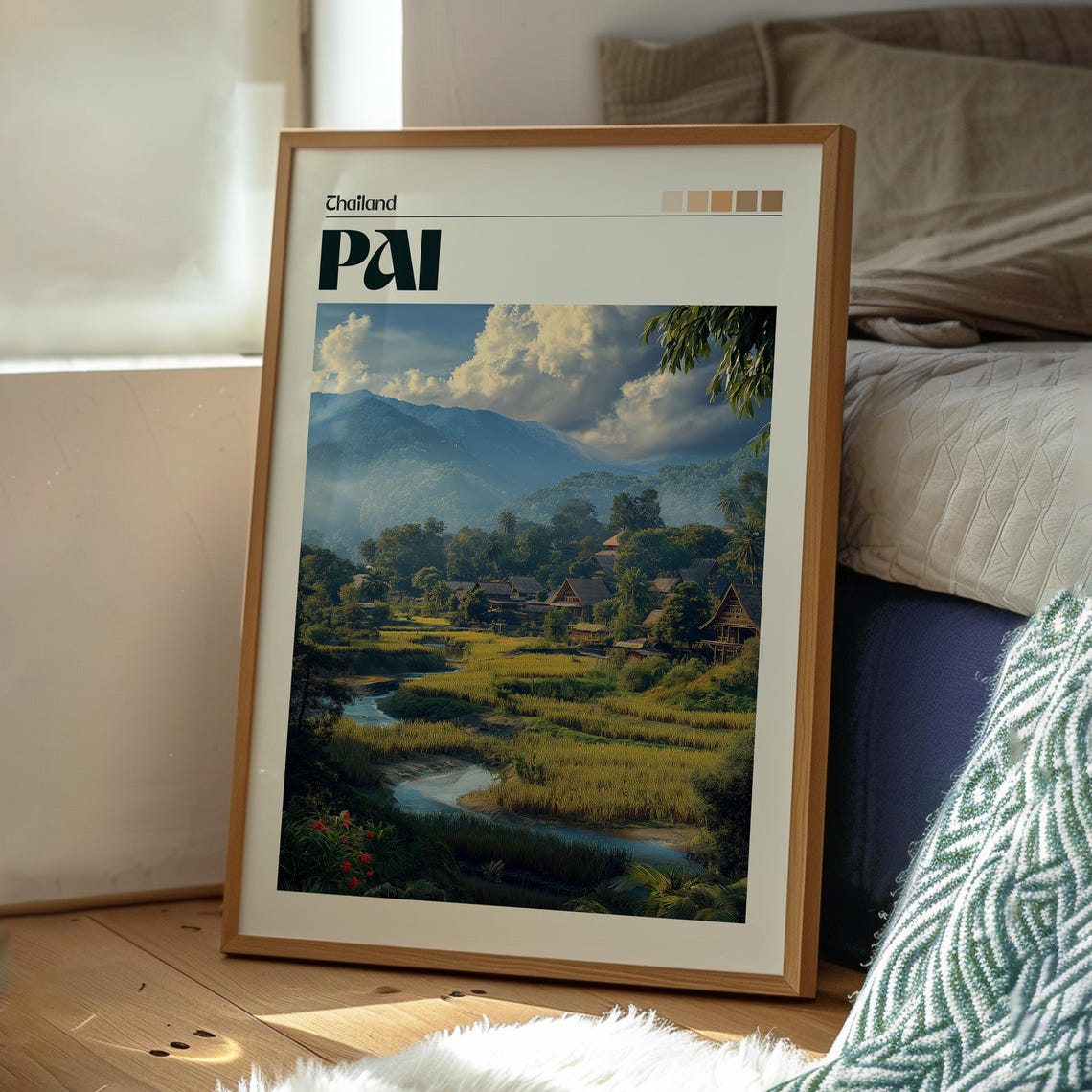 Pai Thailand Mountain Valley Rice Fields River Village Travel Poster - Image 3