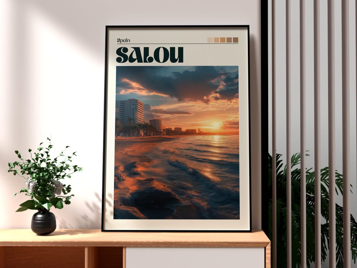 Salou Spain Costa Dorada Sunset Beach Resort Vintage Travel Poster