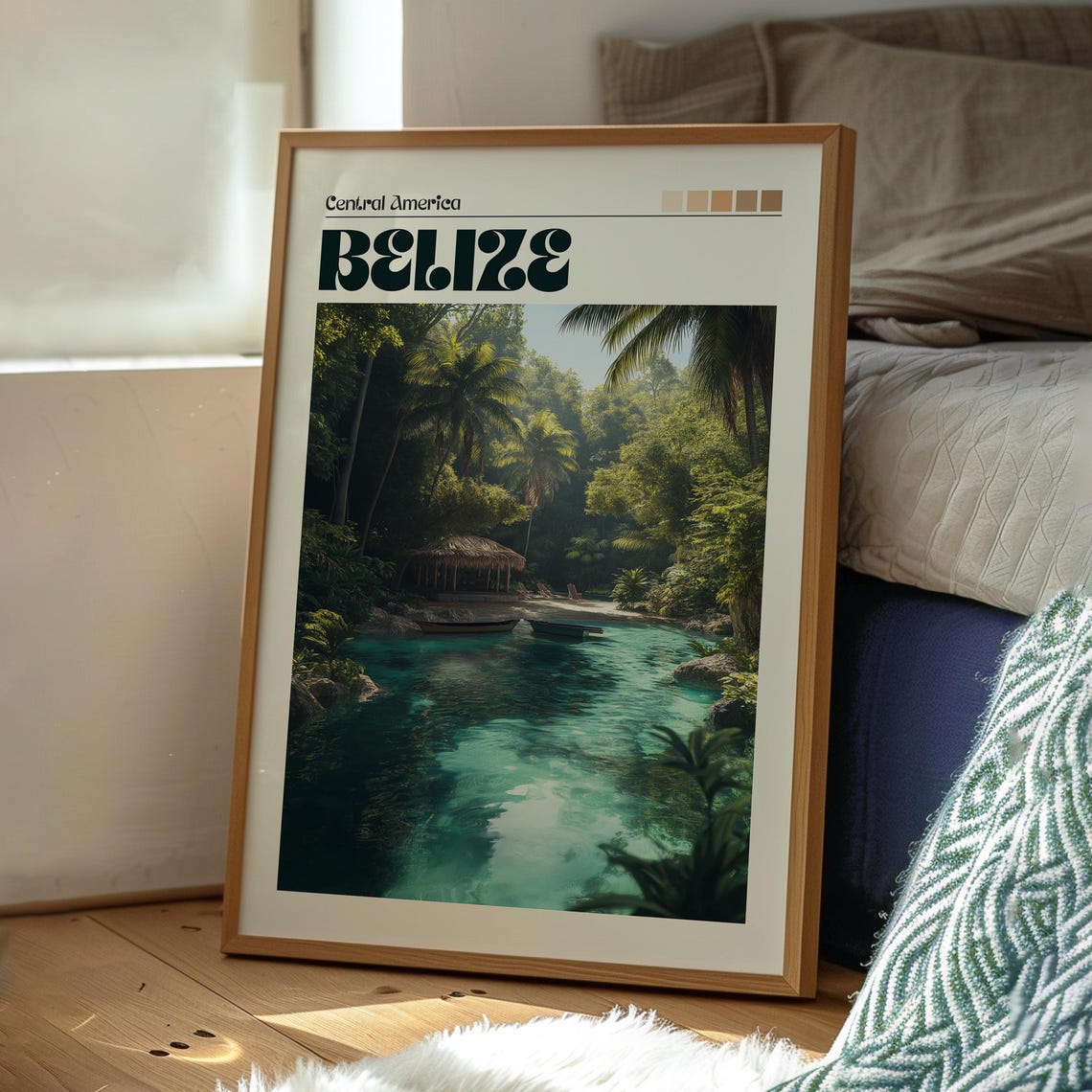 Belize Tropical Jungle Lagoon Thatched Hut Travel Art Poster - Image 3