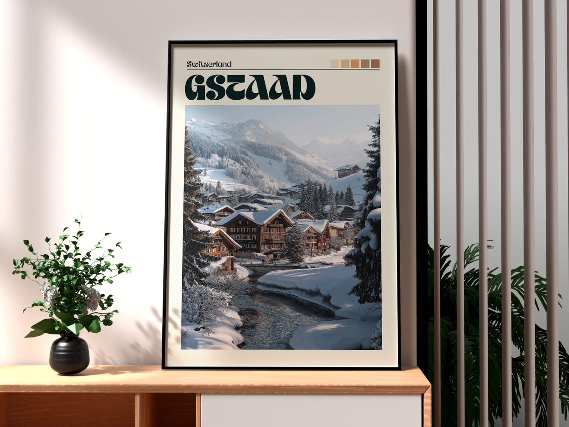 Gstaad Switzerland Snowy Alpine Ski Village Chalets Winter Poster
