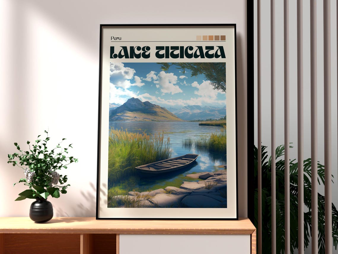Lake Titicaca Peru Traditional Reed Canoe Shore Lake Scene Poster