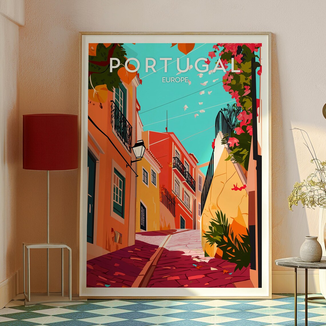 Portugal Europe Colorful Old Town Street Bougainvillea Travel Poster - Image 2