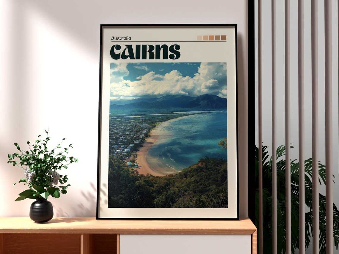 Cairns Australia Coastal Aerial Beach Mountain Vintage Travel Poster