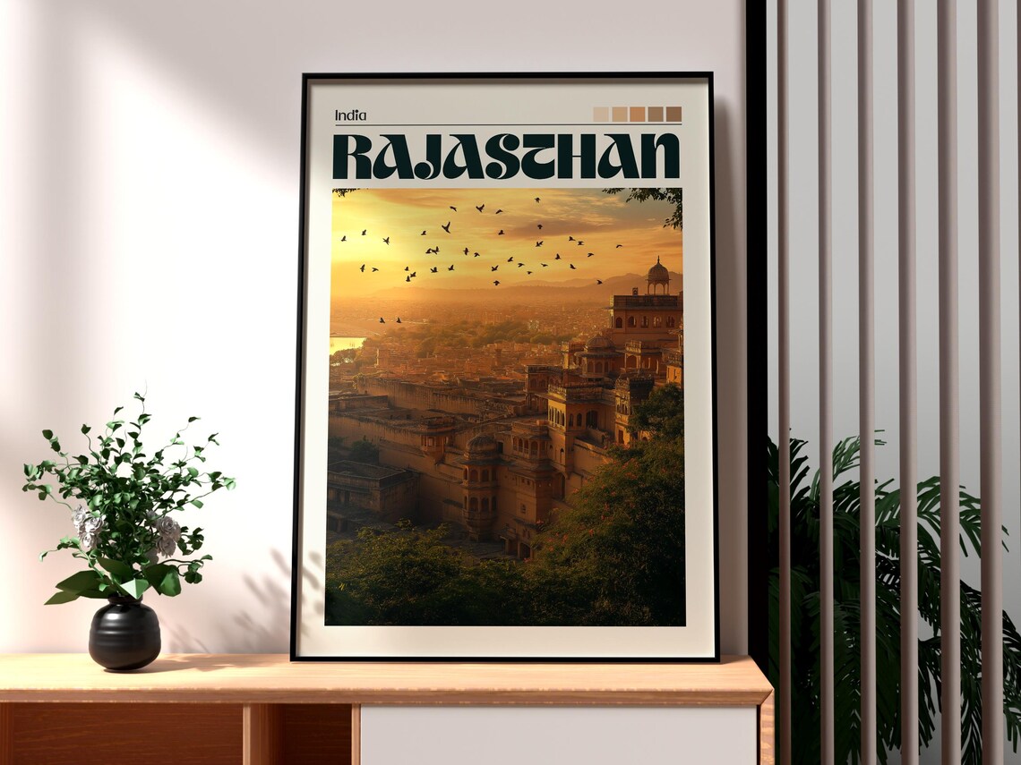 Rajasthan India Hilltop Fort Golden Sunset Retro Travel Poster