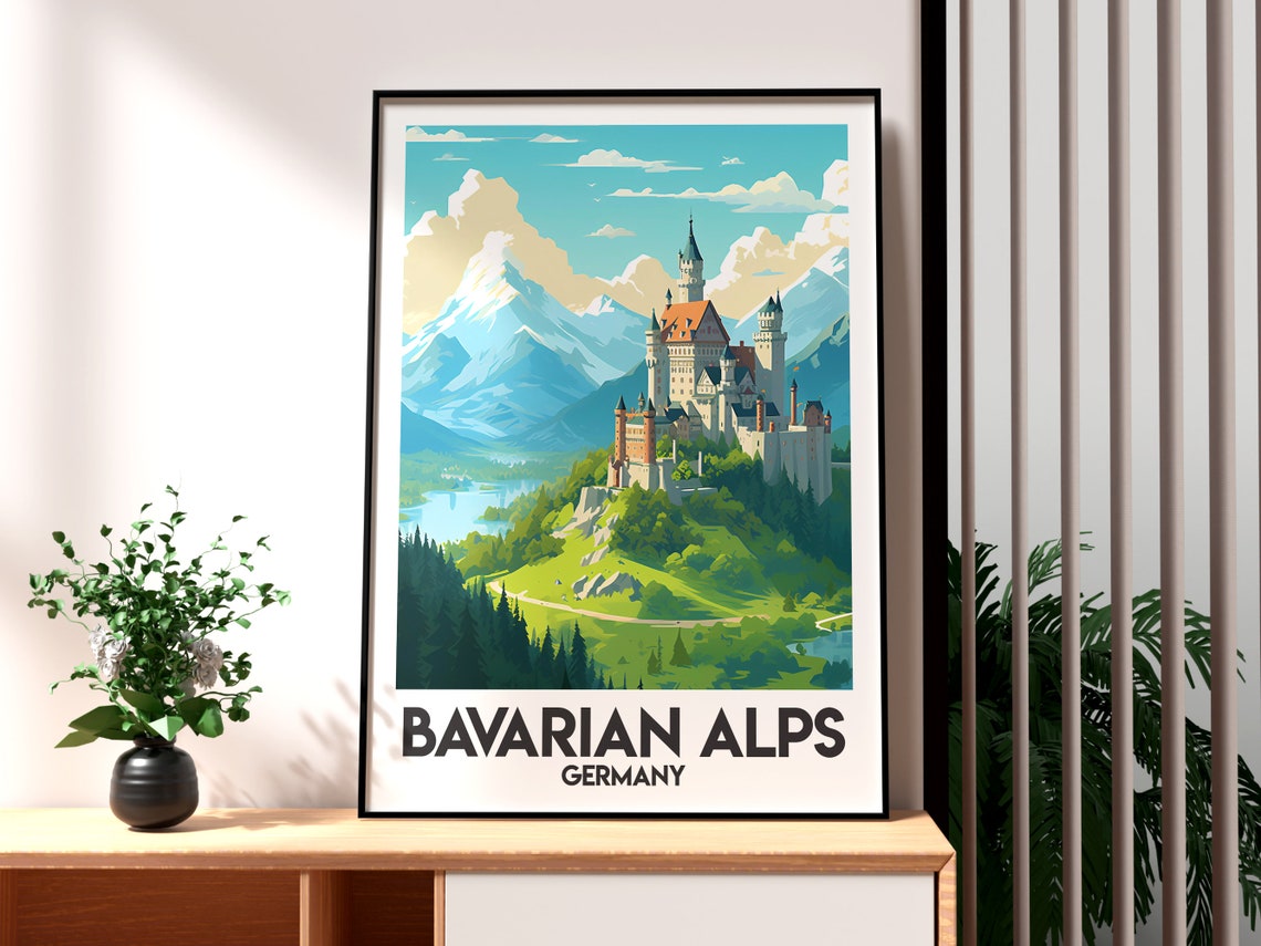 Bavarian Alps Germany Fairytale Castle Snowy Peaks Travel Poster