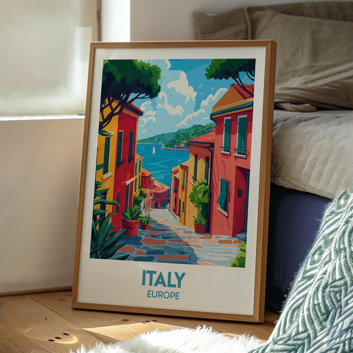 Italy Europe Charming Seaside Street Colorful Houses Sailboat Poster - Image 3