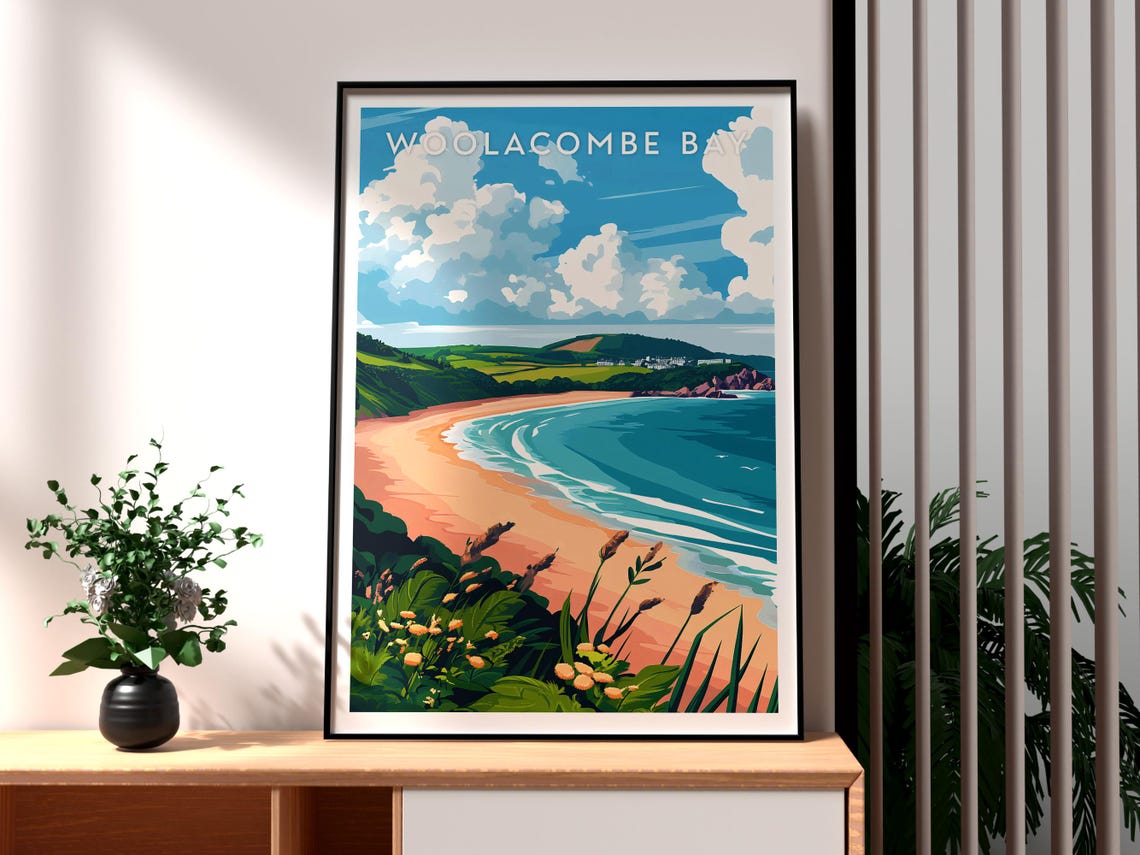 Woolacombe Bay England Sandy Beach Coast Illustrated Travel Poster - Image 3