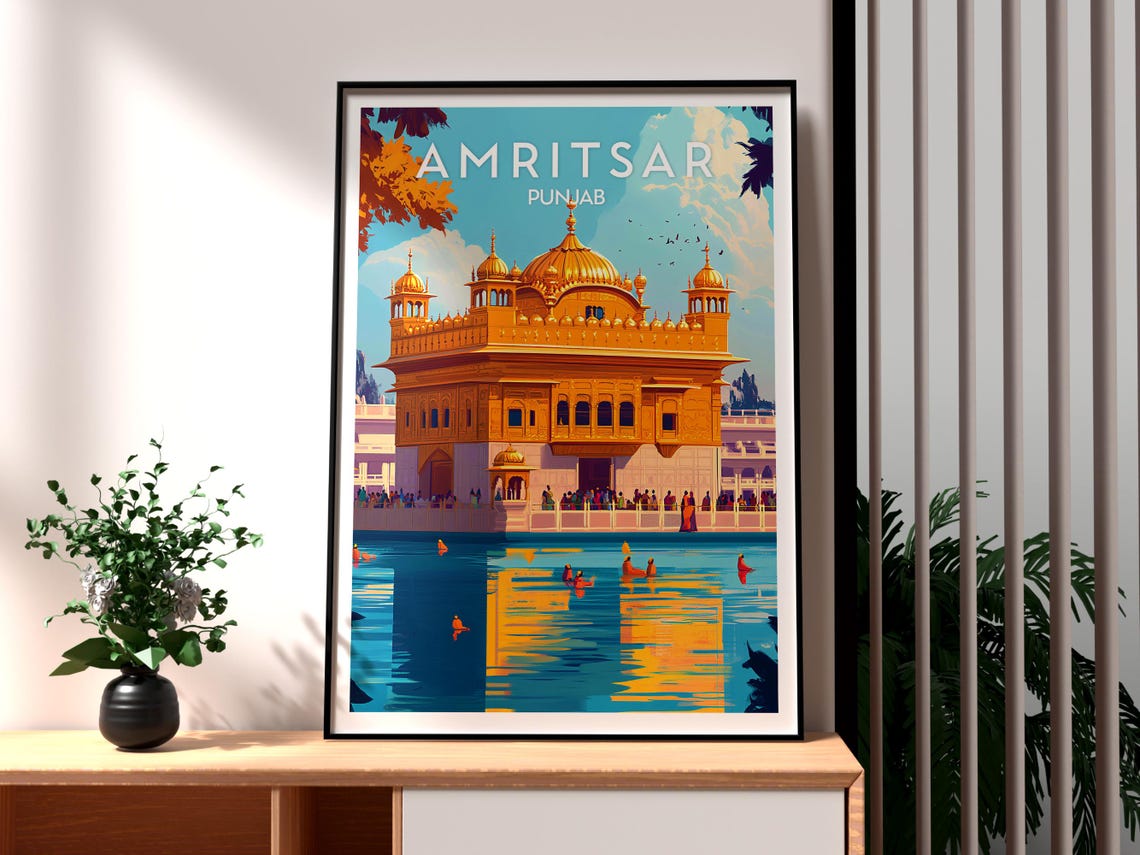 Amritsar Golden Temple Punjab India Skyline View Travel Poster