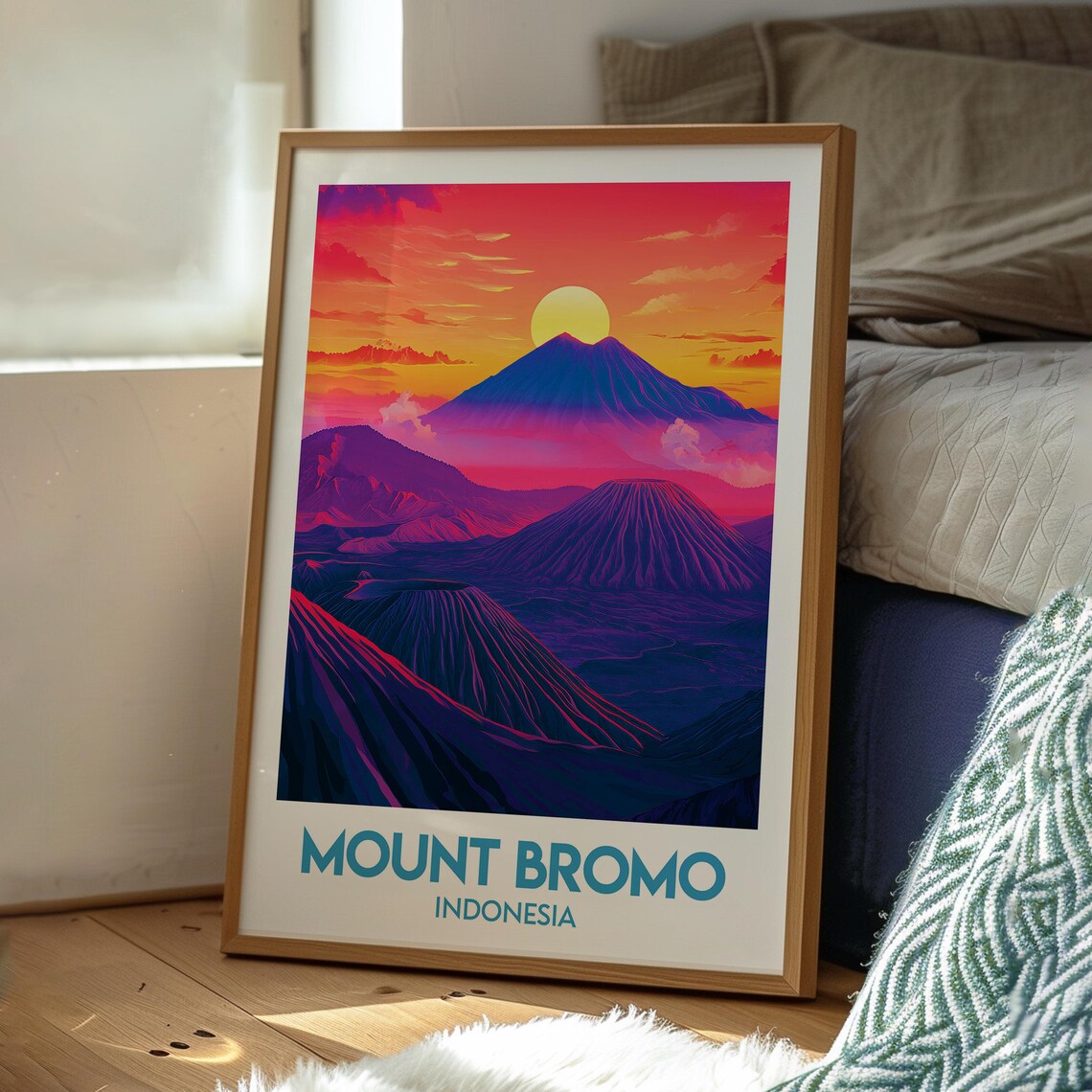 Mount Bromo Indonesia Volcano Sunrise Neon Landscape Travel Poster - Image 3