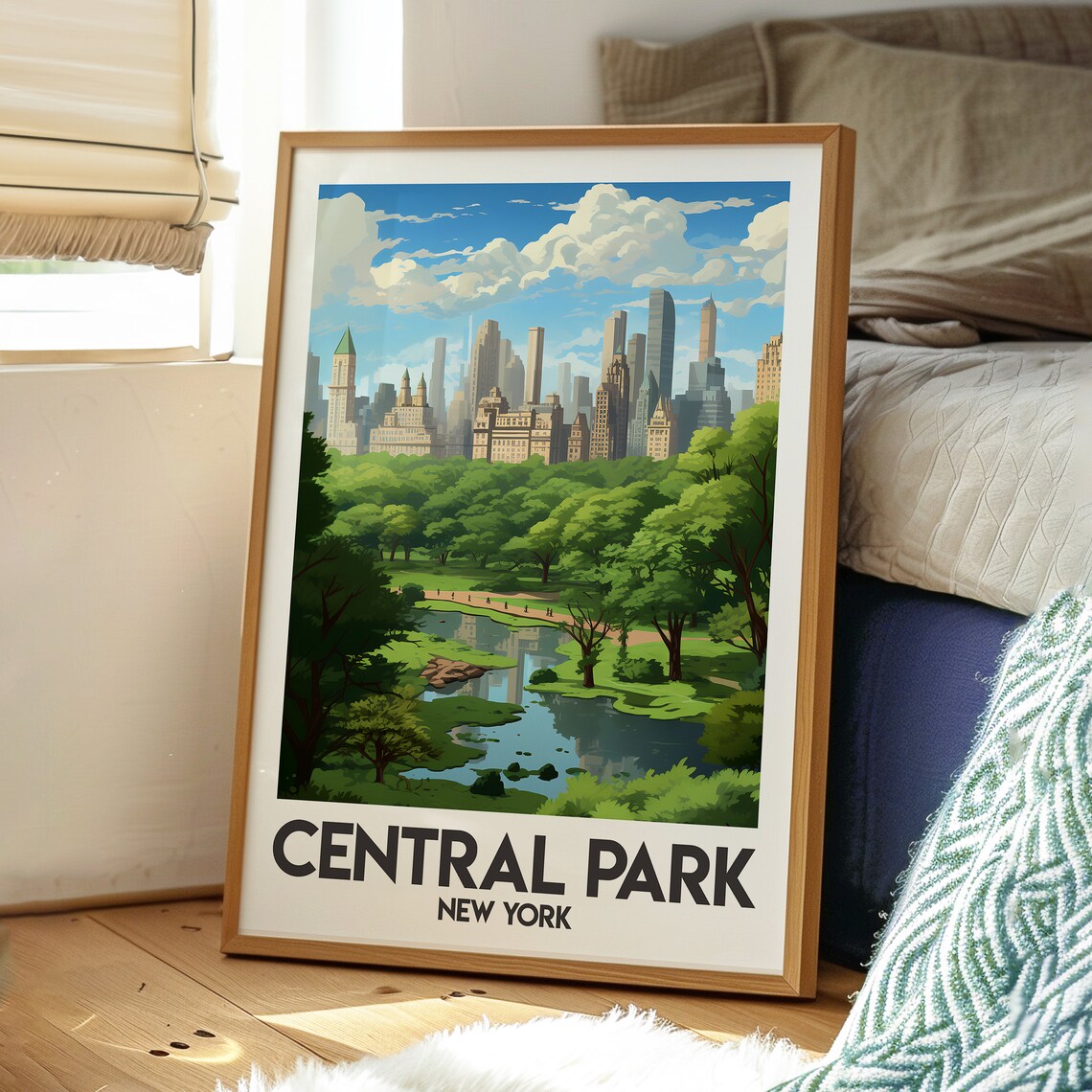 Central Park New York City Skyline Pond Trees Illustration Poster - Image 3