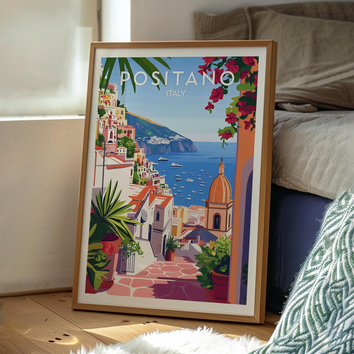 Positano Italy Amalfi Coast Cliff Town Church Dome Travel Poster - Image 3