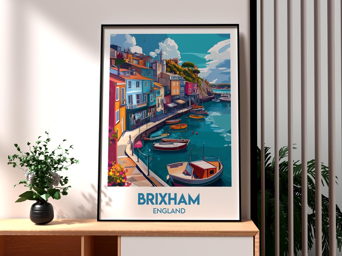 Brixham England Colorful Fishing Harbor Boats Town Travel Poster