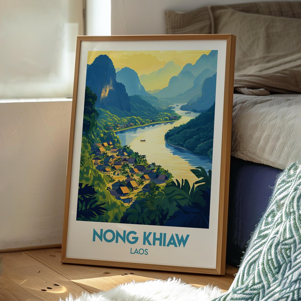 Nong Khiaw Laos River Village Karst Cliffs Illustrated Travel Poster - Image 3