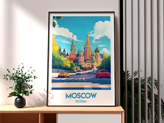 Moscow Russia Saint Basil Cathedral Kremlin Street Vintage Travel Art Poster