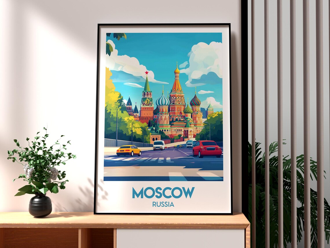 Moscow Russia Saint Basil Cathedral Kremlin Street Vintage Travel Art Poster