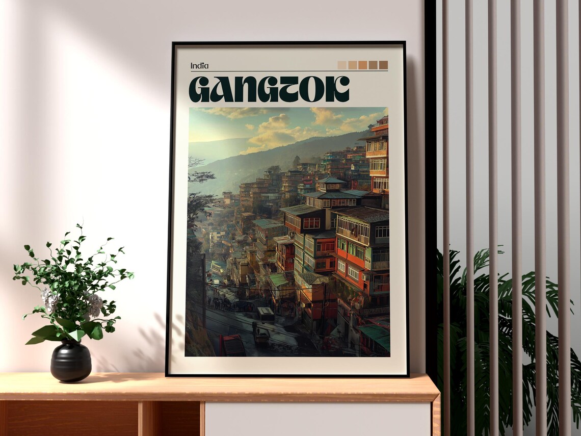 Gangtok India Hillside City Golden Hour Stacked Homes Poster