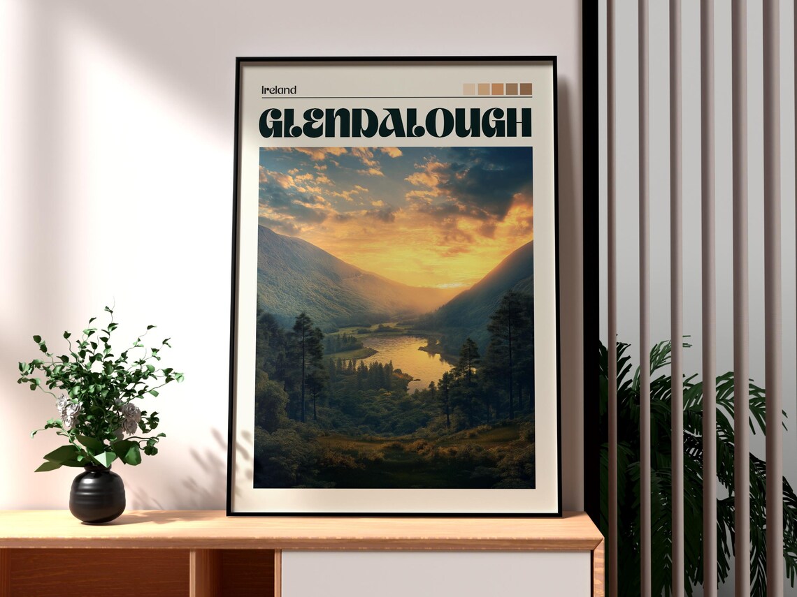 Glendalough Ireland Mountain Lake Sunset Valley Travel Poster