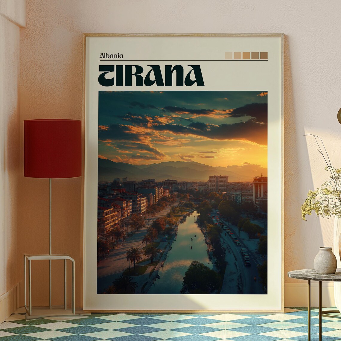 Tirana Albania City Sunset River Boulevard Mountain Travel Poster - Image 2