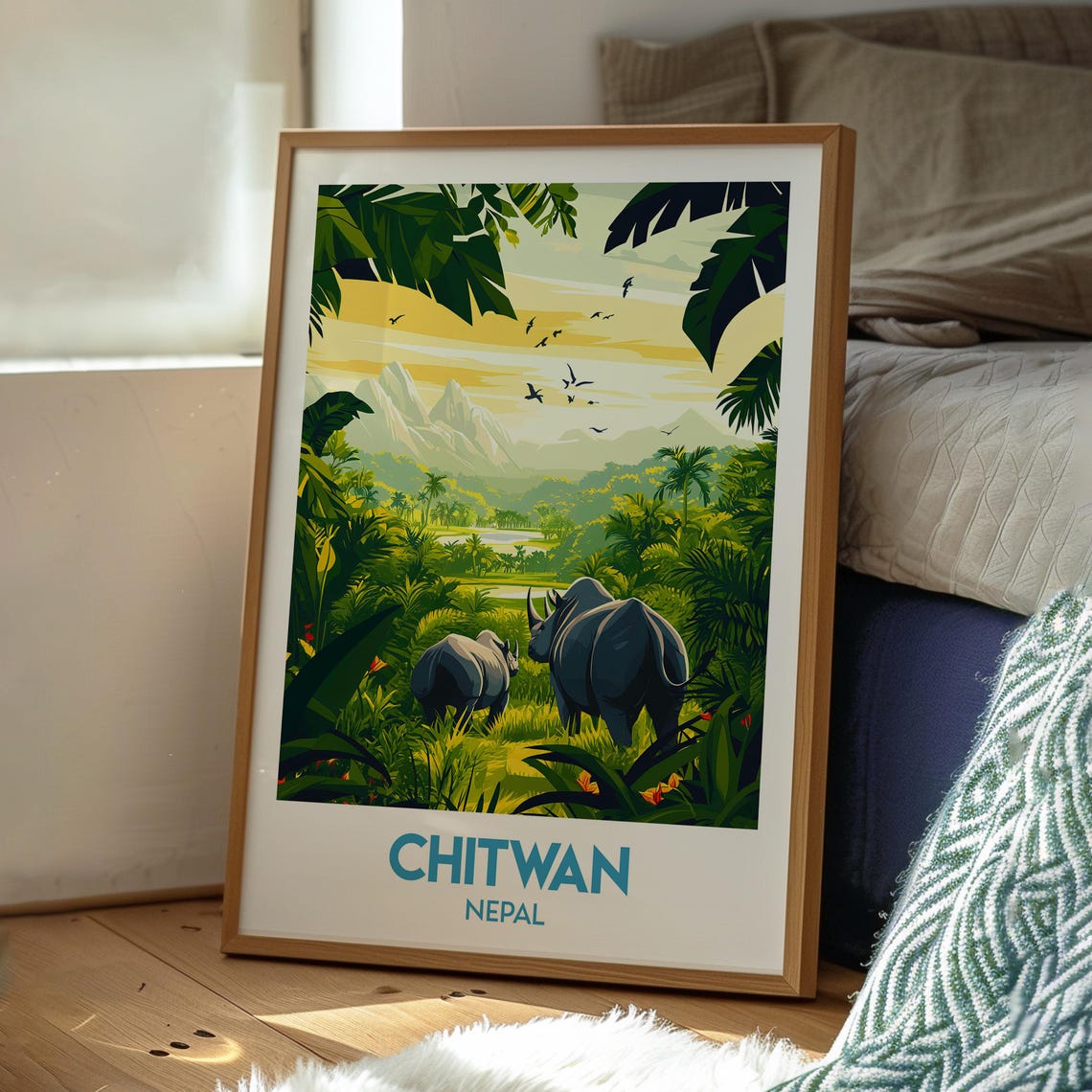 Chitwan Nepal Jungle Rhinos Grazing Mountain Backdrop Travel Poster - Image 3