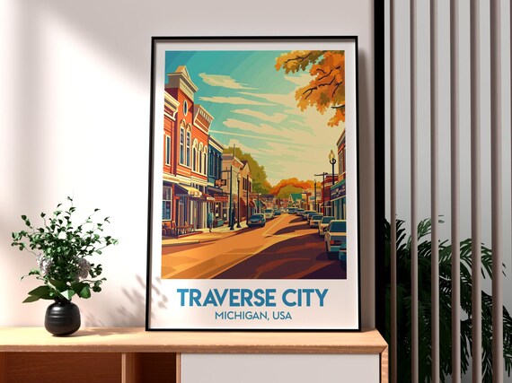 Traverse City Michigan USA Small Town Street Autumn Travel Poster