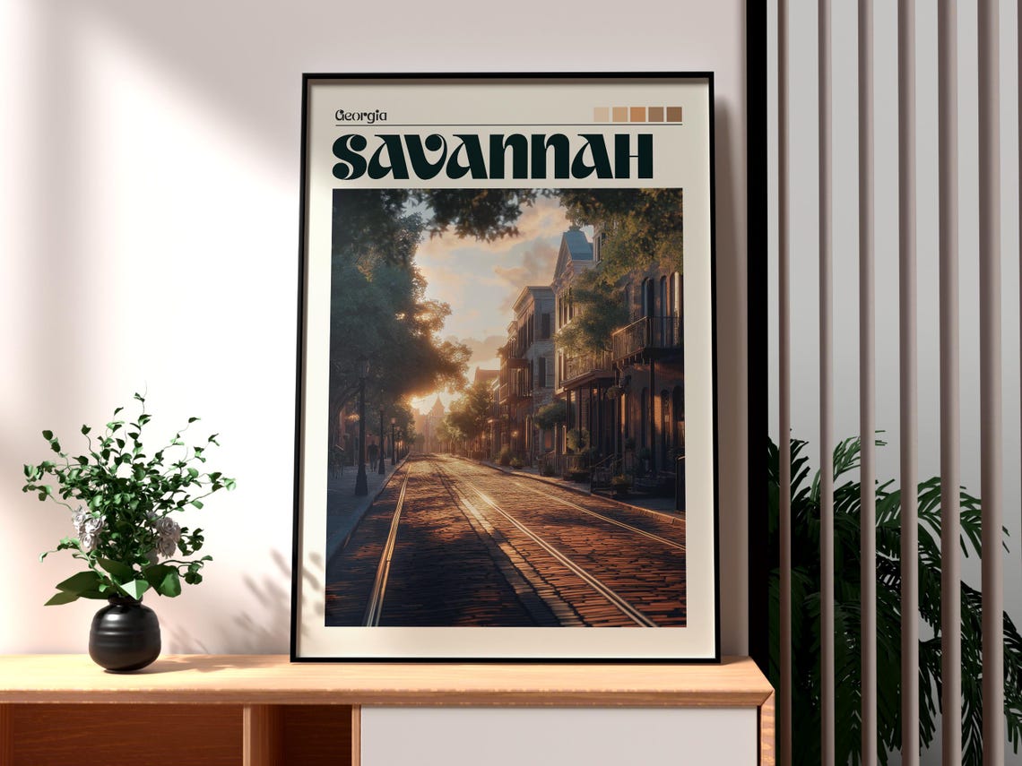 Savannah Georgia Cobblestone Street Sunset Vintage Travel Poster