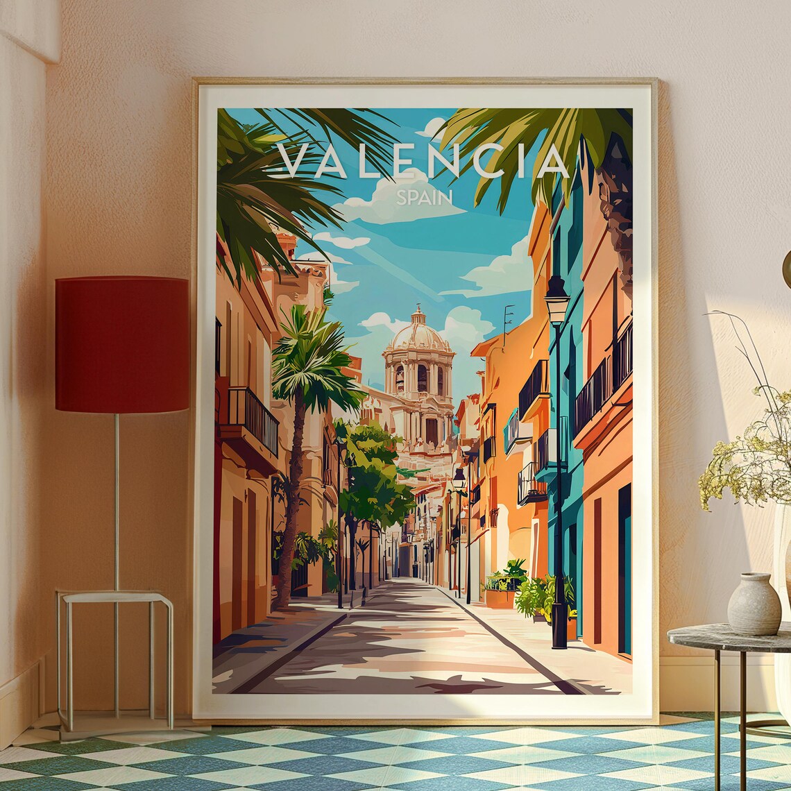 Valencia Spain Old Town Street Domed Church Sunny Travel Poster
