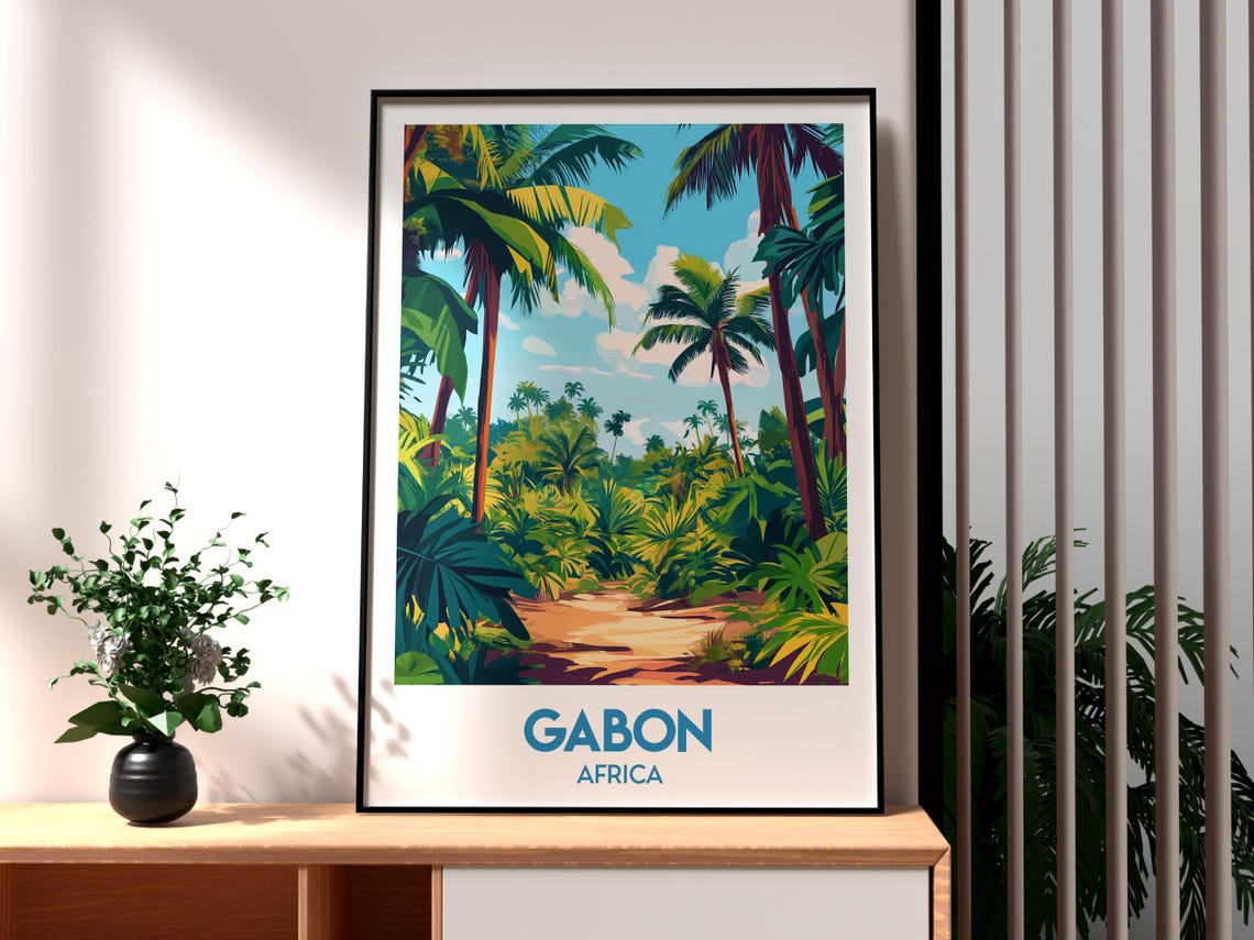 Gabon Africa Lush Jungle Path Palm Trees Nature Vintage Art Poster